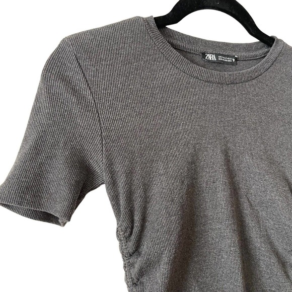 ZARA Small Ruched Ribbed Dress Mini Short Sleeve Dark Gray Short Stretch - Picture 9 of 10